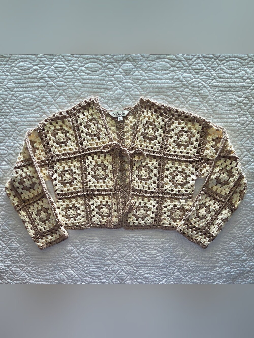 DAVI & DANI Cream and Taupe Crochet Tie-Front Cardigan